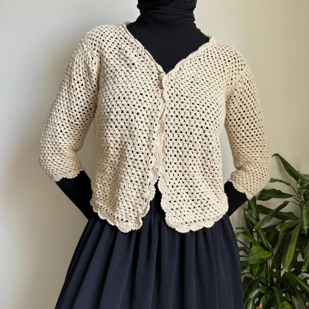 Vintage knit cream cardigan cropped top Earthy fairycore cottagecore‎ L/M